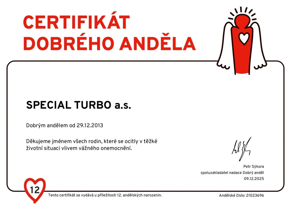 Urkunde Guter Engel für SPECIAL TURBO a.s., Guter Engel seit dem 29. Dezember 2013